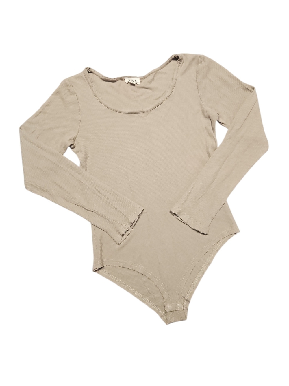 POL Long-Sleeve Scoop Neck Bodysuit in Tan Size Large
